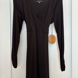 Dakini Black Long-Sleeve Wrap Midi Dress with wrap around tie